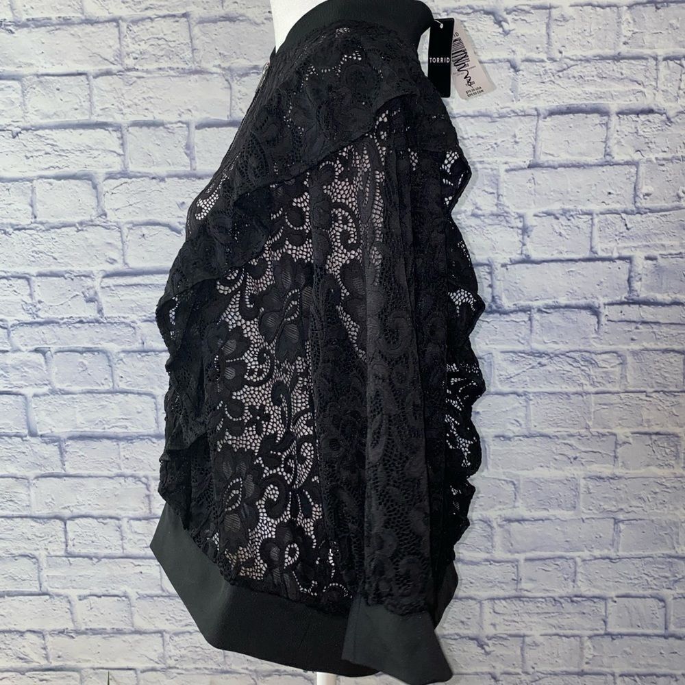 NWT Torrid Black Lace Ruffle Crop Bomber jacket - Picture 5 of 15